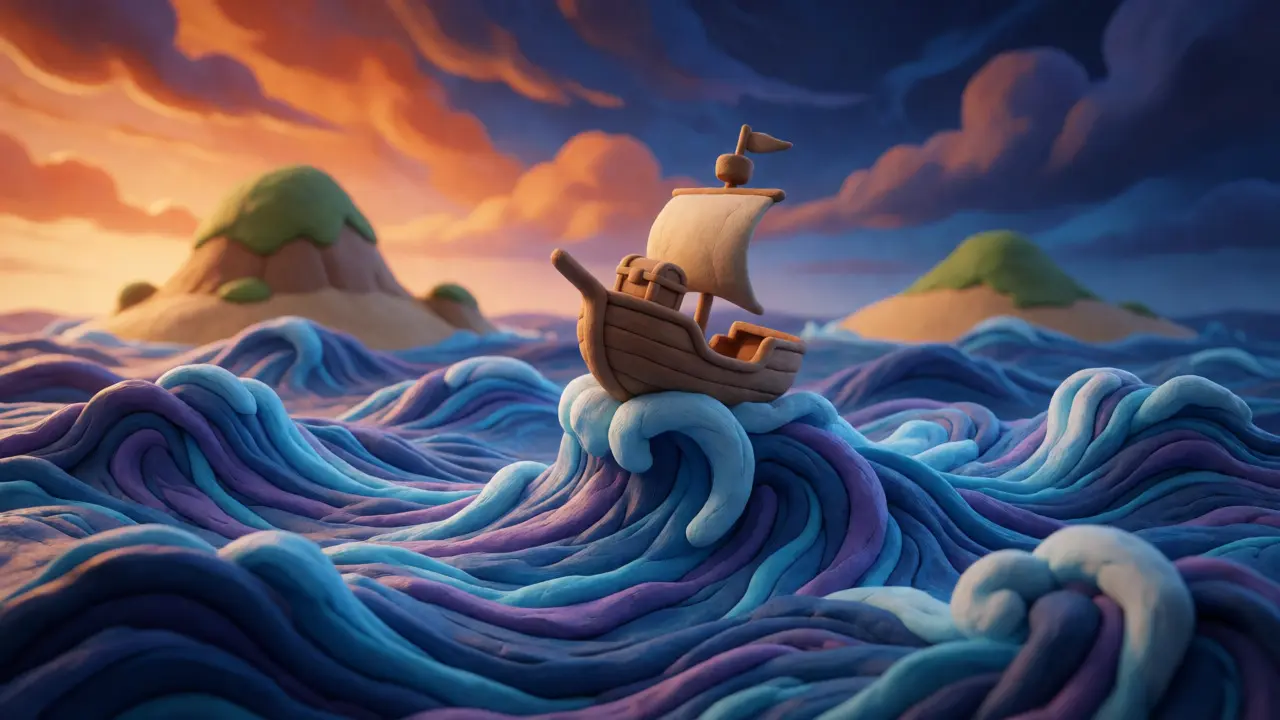 Small clay boat navigating rough seas, representing the volatility of niche tokens.