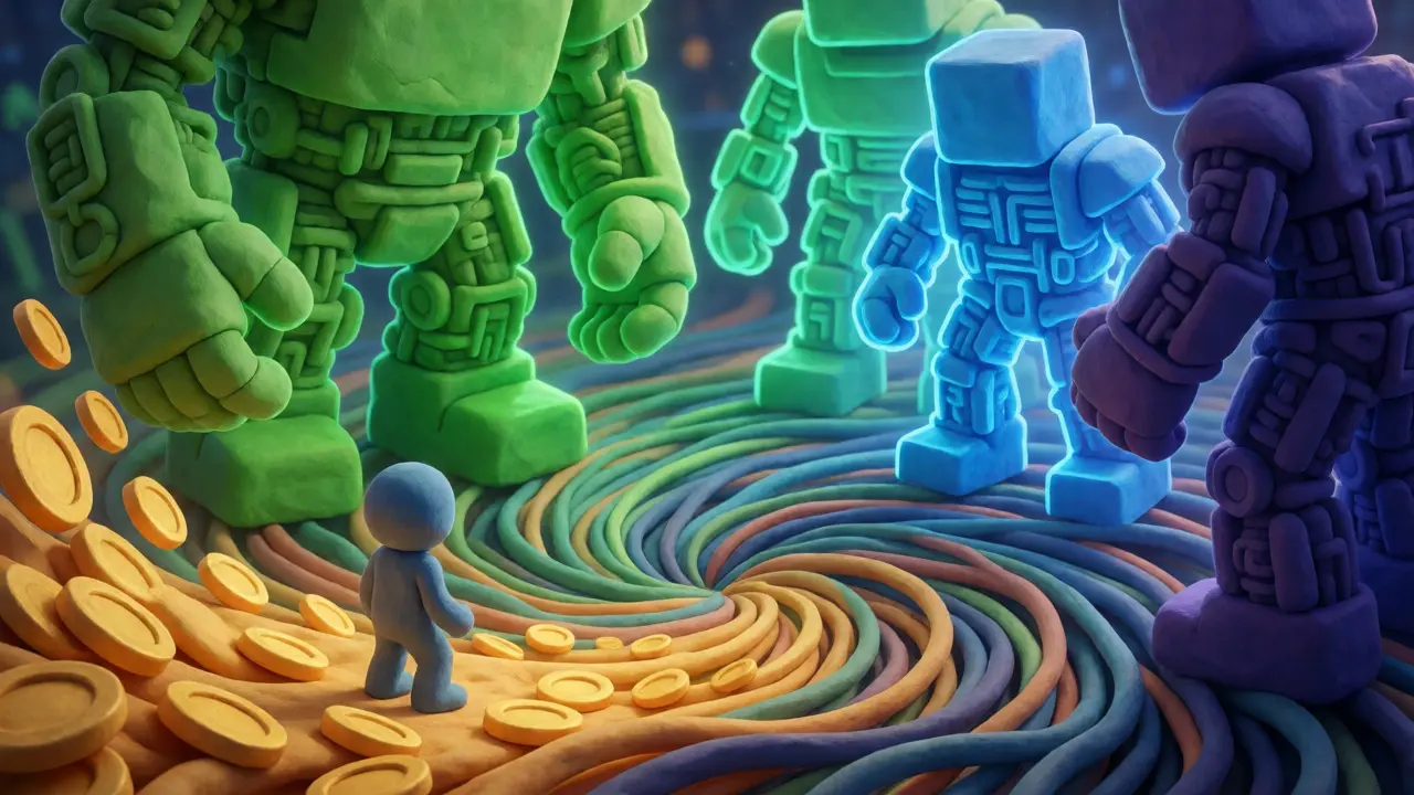 Small clay figure facing giant clay towers representing major DEXs