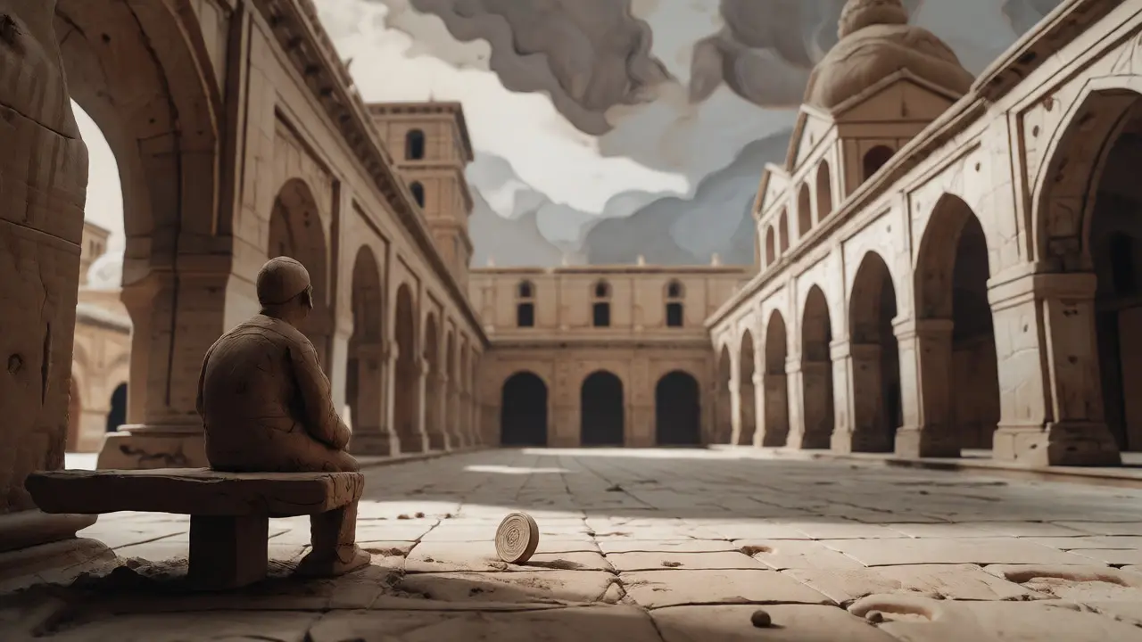 Solitary clay figure in empty marketplace with one dusty coin