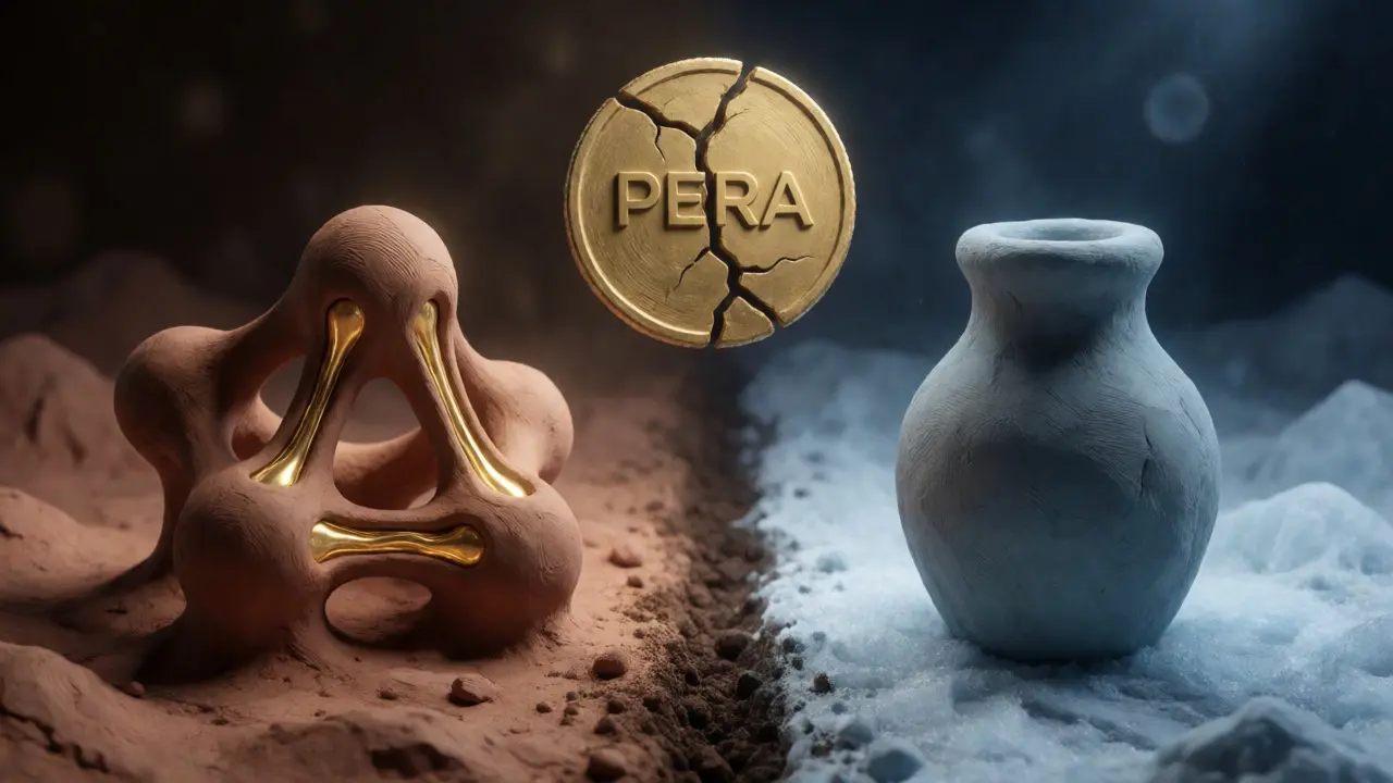 Split clay diorama contrasting Pera Finance protocol with Pera Wallet structures