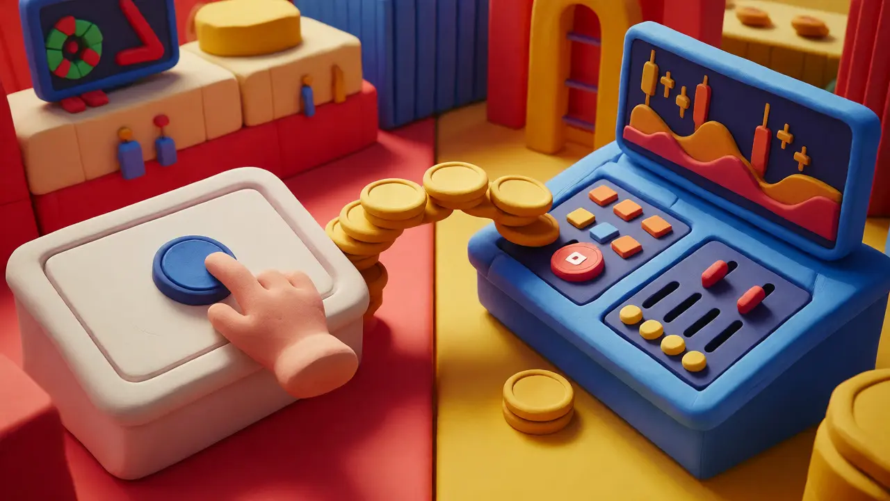 Split scene showing a simple clay trading interface on one side and a complex pro dashboard on the other.