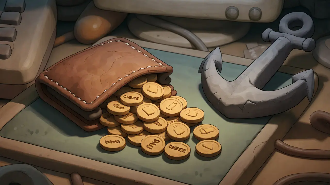 Stagnant clay wallet with tiny coins and an idle anchor
