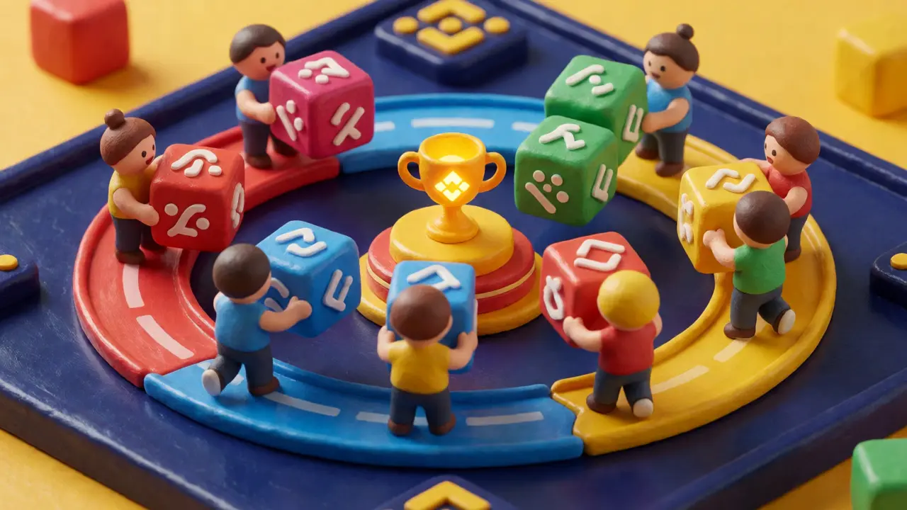 Stylized clay figures racing on a track to win a trophy in a trading competition