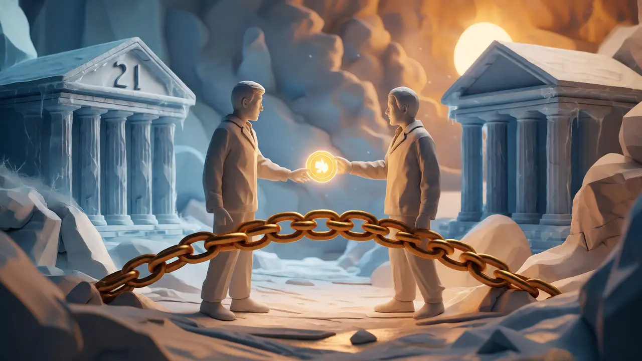 Two clay figures exchanging tokens across a bridge amidst frozen banks