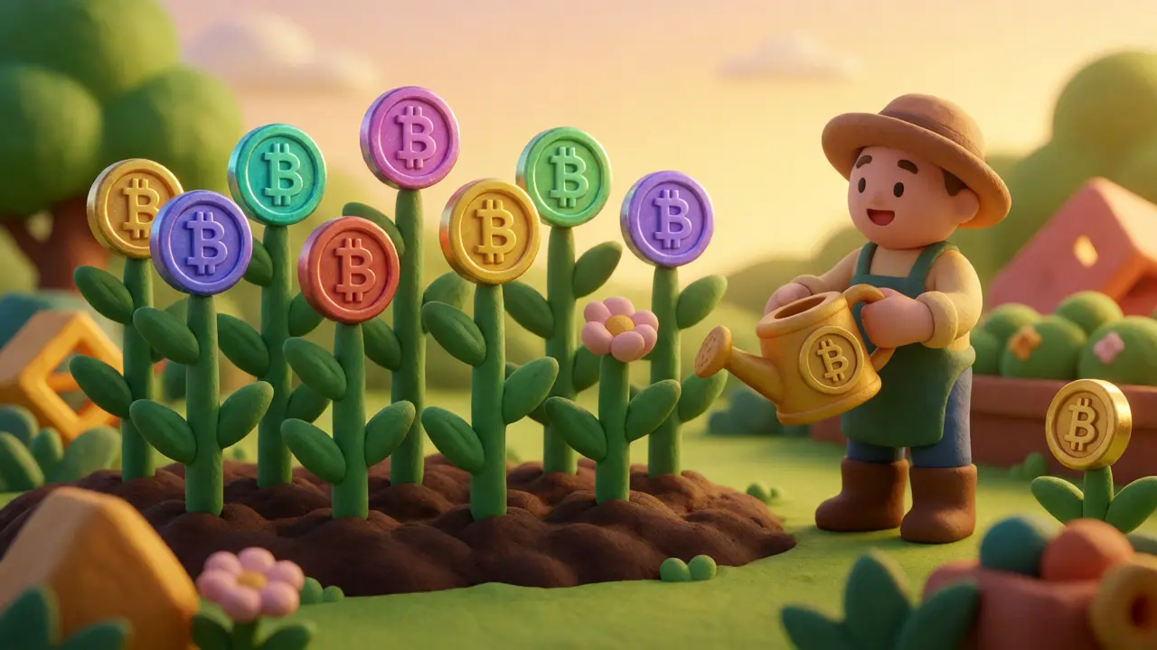 Whimsical clay garden where coins grow like plants, symbolizing yield farming rewards.