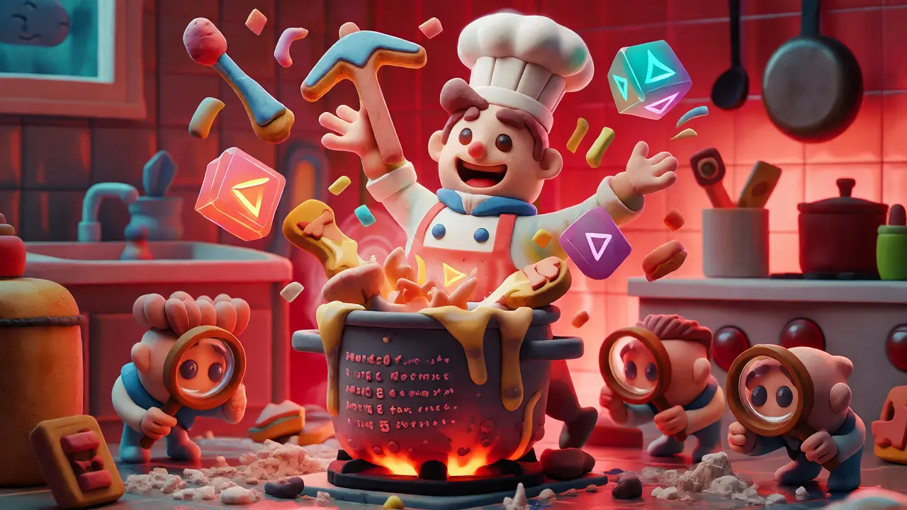 A clay chef struggling to manage staking, mining, and airdrop ingredients while being watched by inspectors.