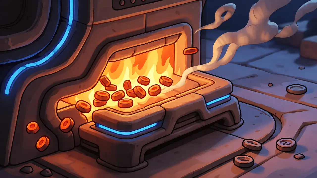 A clay furnace burns tokens to illustrate the deflationary mechanism of OpenSwap.