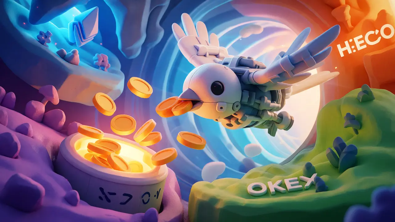 Animated clay bird collecting tokens from multiple blockchain islands via Smart Pools.