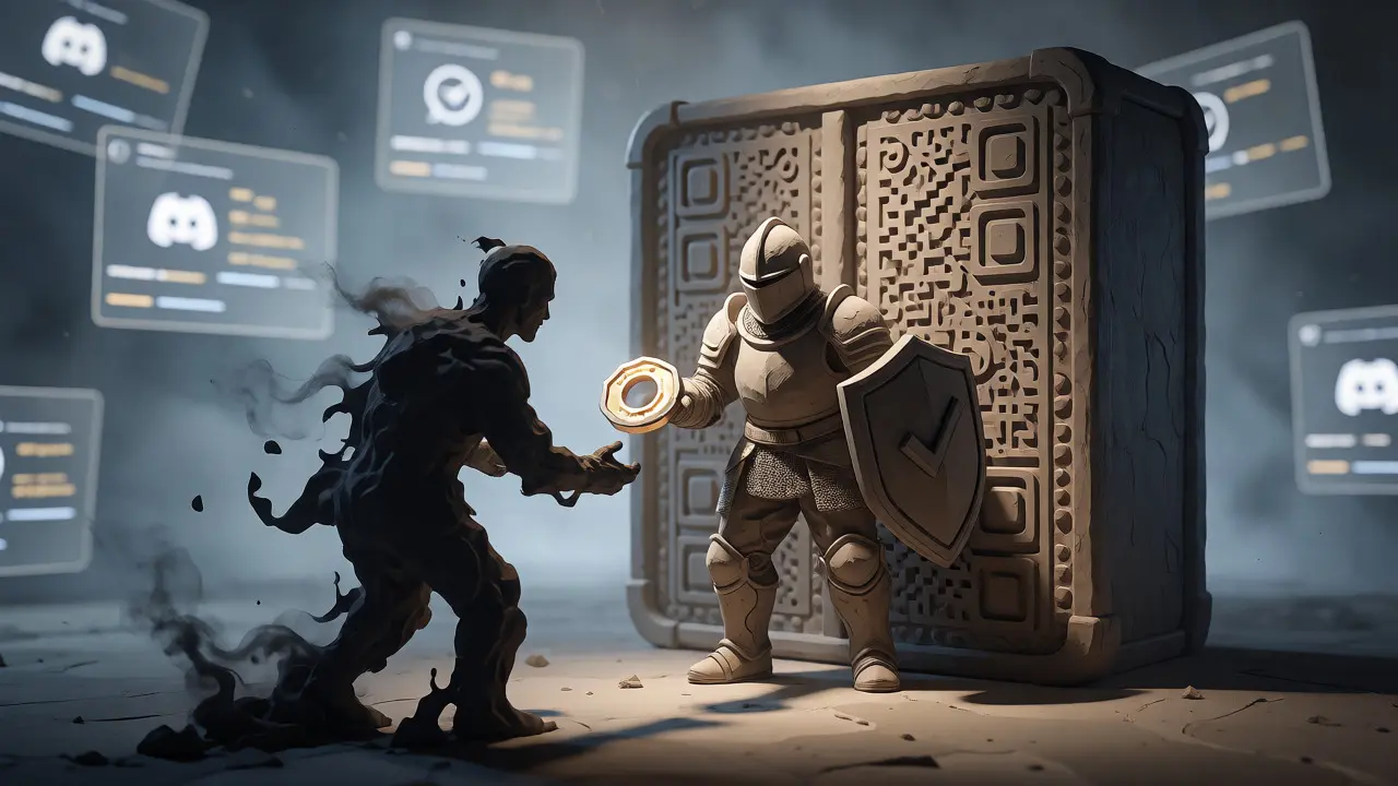 Armored clay knight guarding a vault against a shady scammer