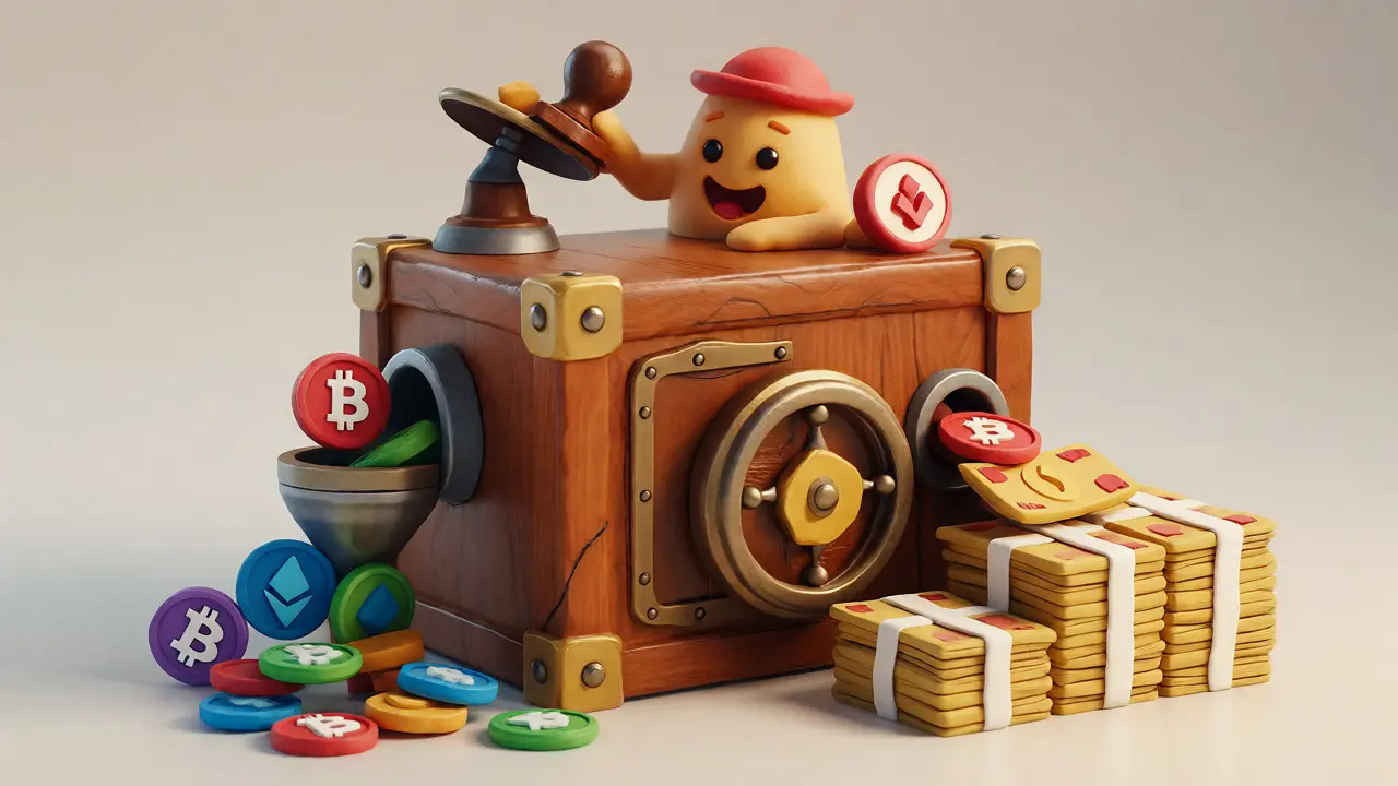 Clay art showing crypto coins converting into Vietnamese Dong via a licensed exchange.