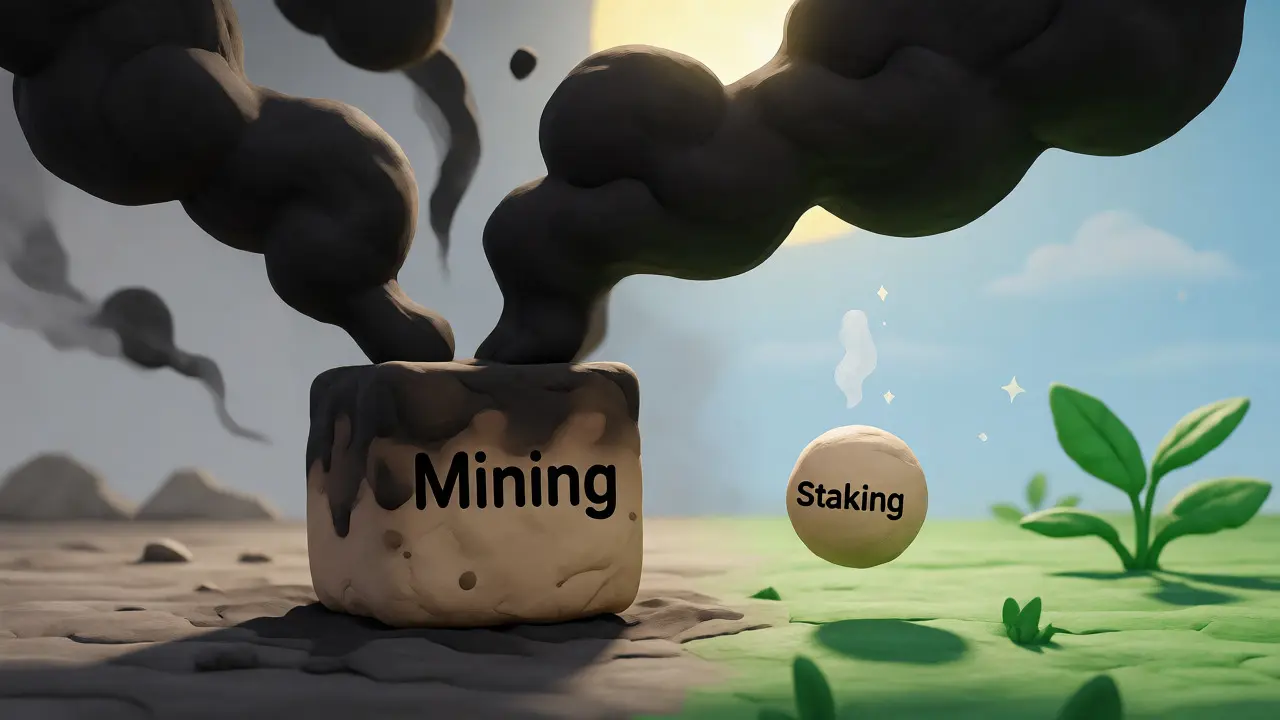 Clay art showing mining pollution versus eco-friendly staking energy usage.