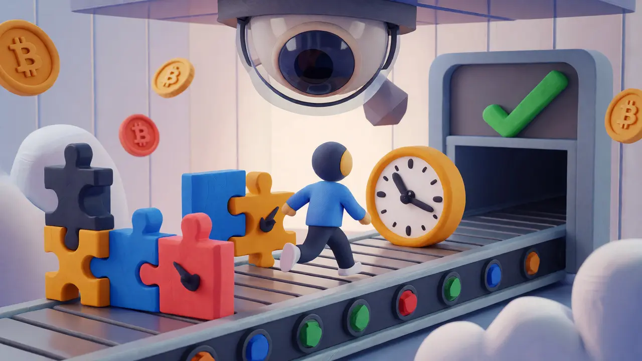 Clay avatar navigating obstacles like clocks and puzzles under a scanning robotic eye.