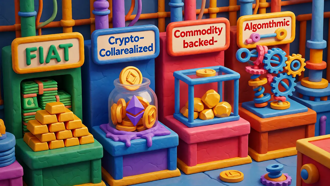 Clay factory illustrating fiat, crypto, commodity, and algorithmic stablecoin types