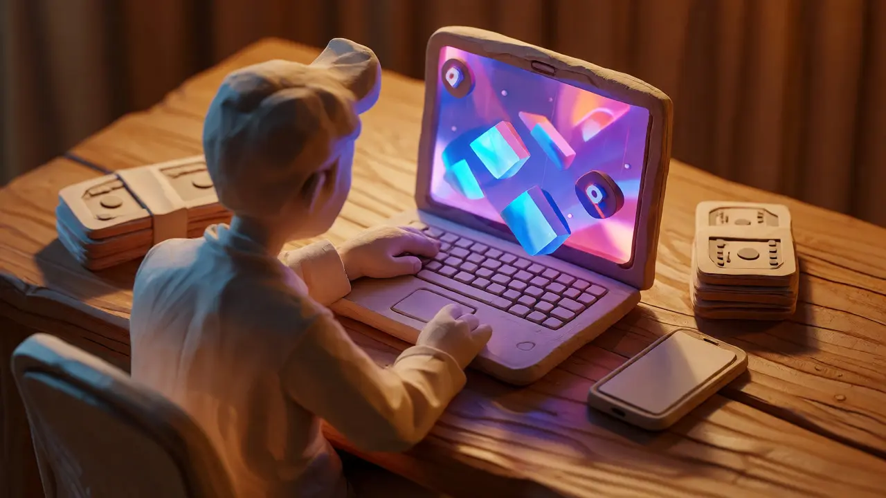 Clay figure analyzing digital currency data on a holographic screen