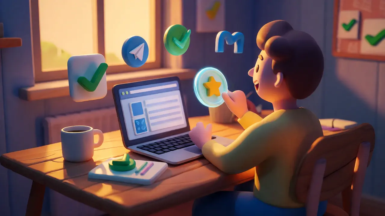 Clay figure completing airdrop tasks like following and starring coins on a desk.