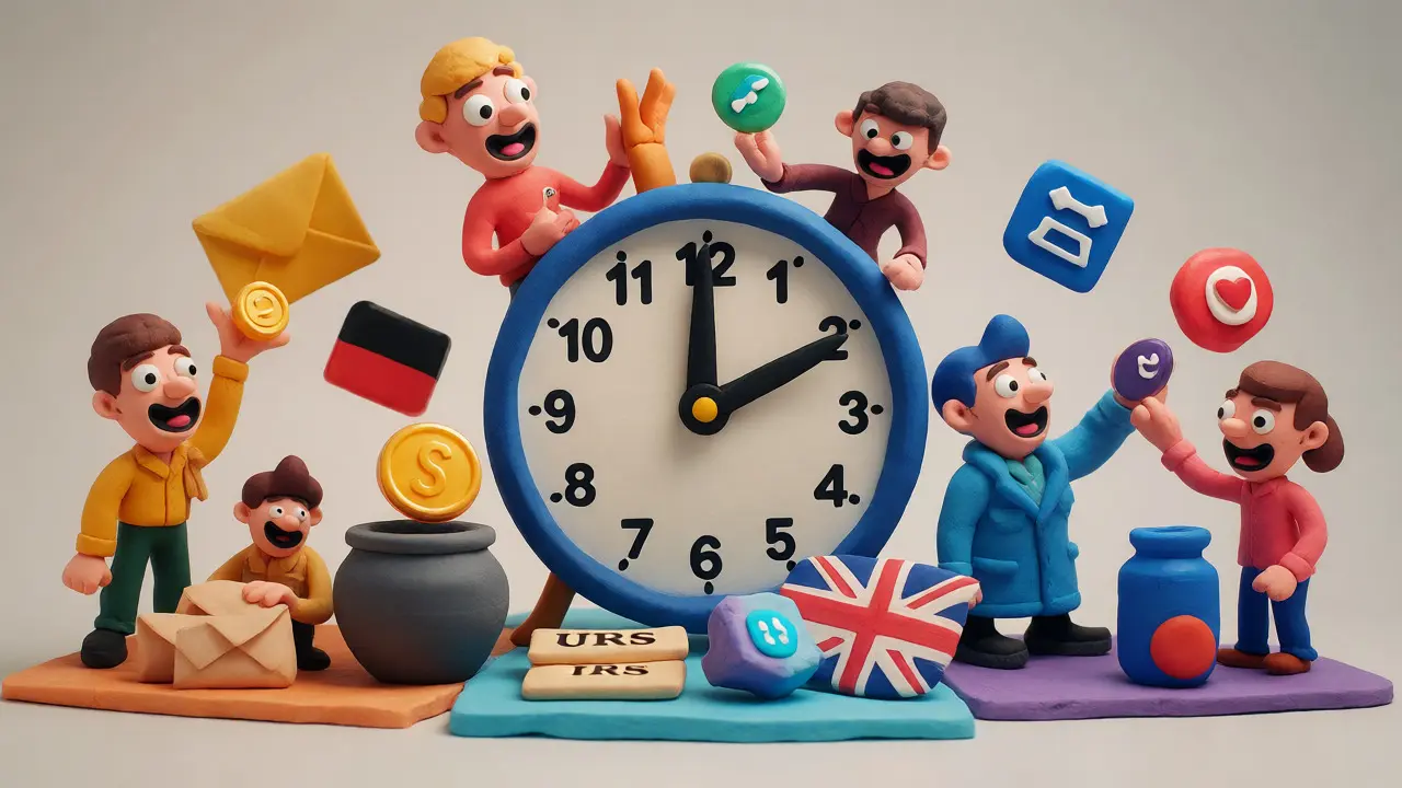 Clay figures navigating a giant clock and various country zones to understand holding periods and tax rates.