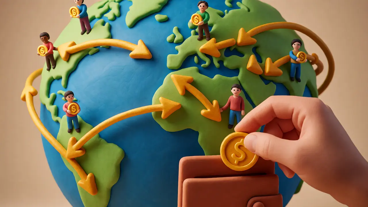 Clay globe with golden arrows showing global stablecoin payment networks