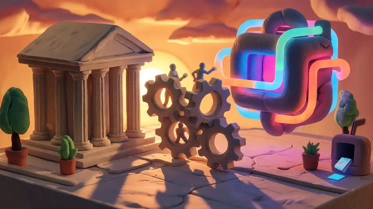 Clay illustration of a bank building and a crypto network connected by a bridge, showing coexistence.