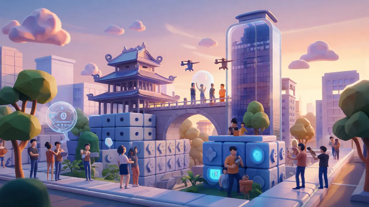 Clay render of a futuristic Vietnamese city integrating blockchain technology and tradition.