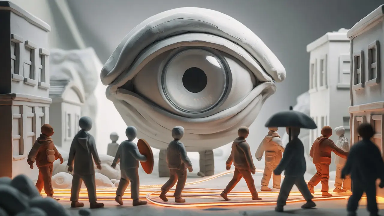 Clay sculpture of a giant eye watching citizens on a digital fiber-optic path, symbolizing surveillance.