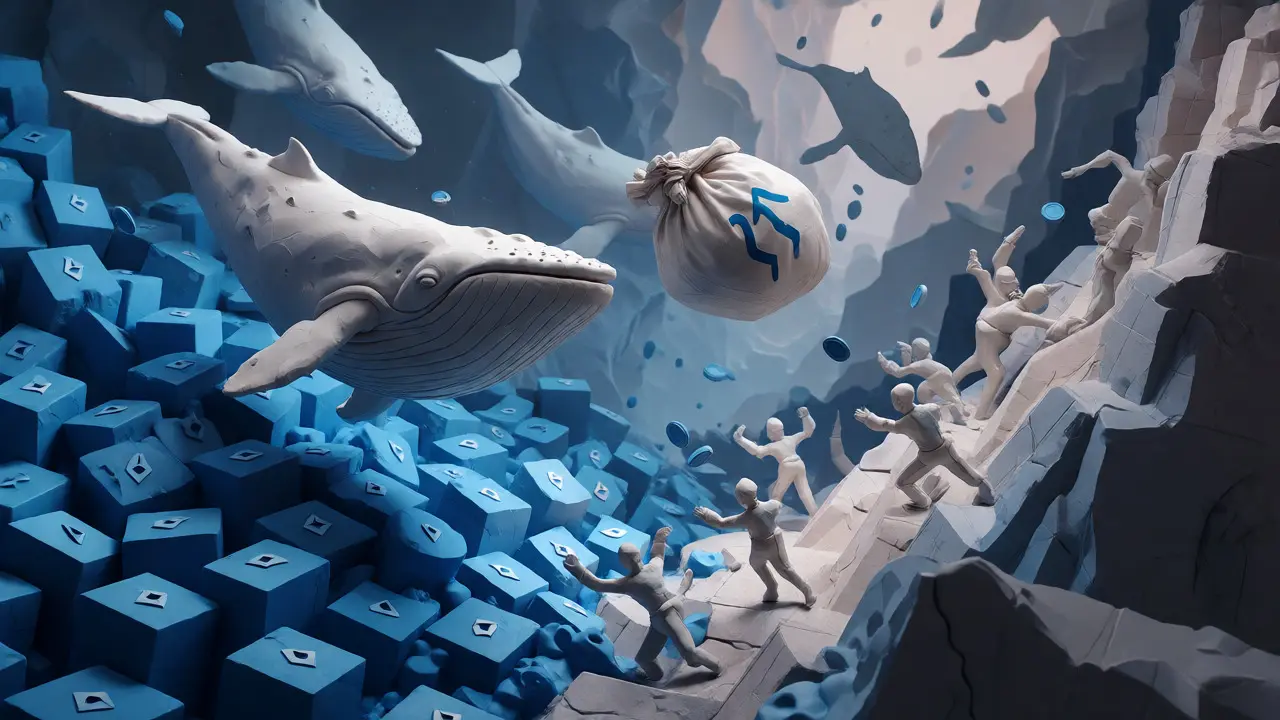 Clay whales dumping tokens on small investors amidst a steep downward slope.