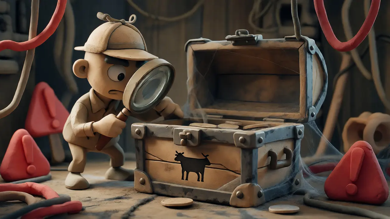 Claymation scene of a detective inspecting a dusty, old crypto treasure chest