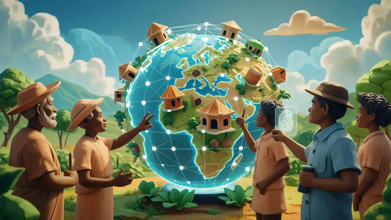 Diverse group viewing a global network of connected land plots on a holographic globe.