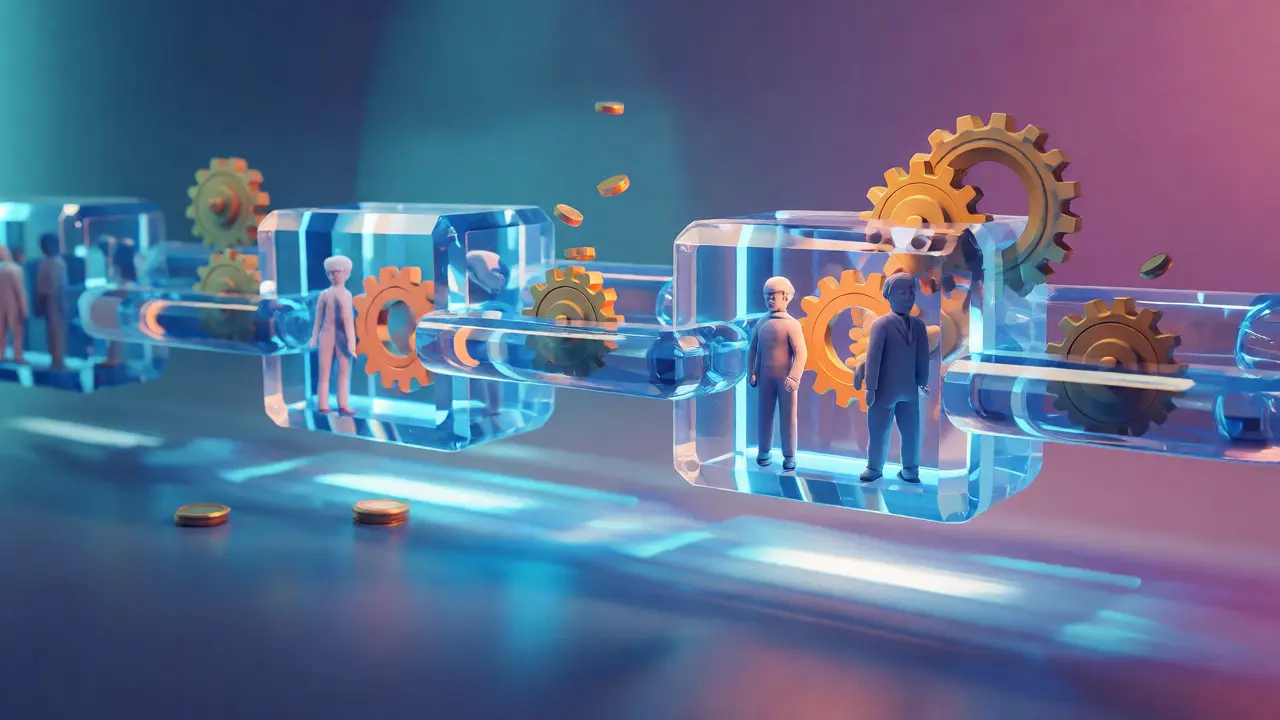 Glowing blockchain blocks securing property transactions with automated smart contract gears.