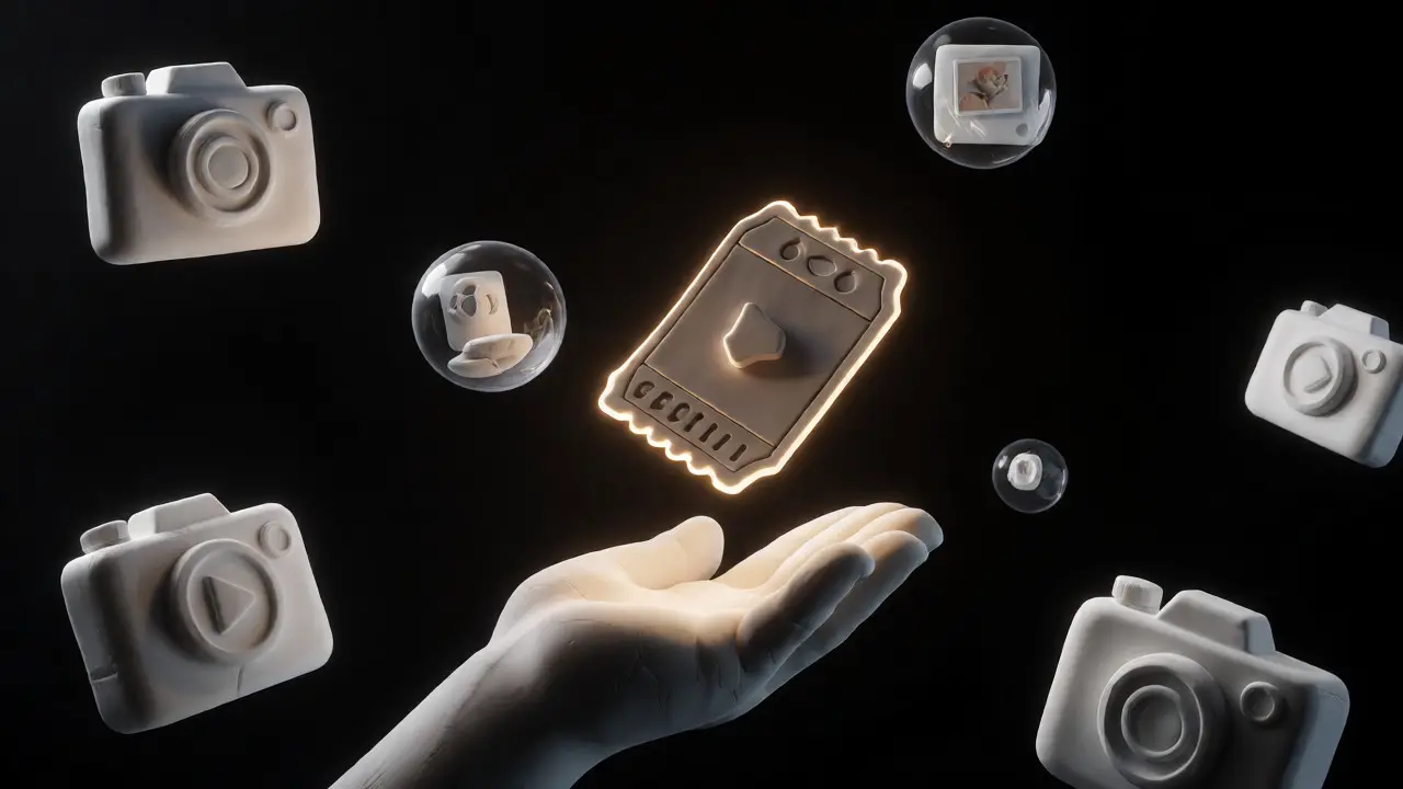Glowing lottery ticket floating among ghostly video app icons in a dark void.