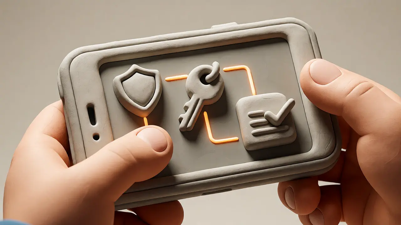 Hands holding a clay wallet device displaying security and trustline icons