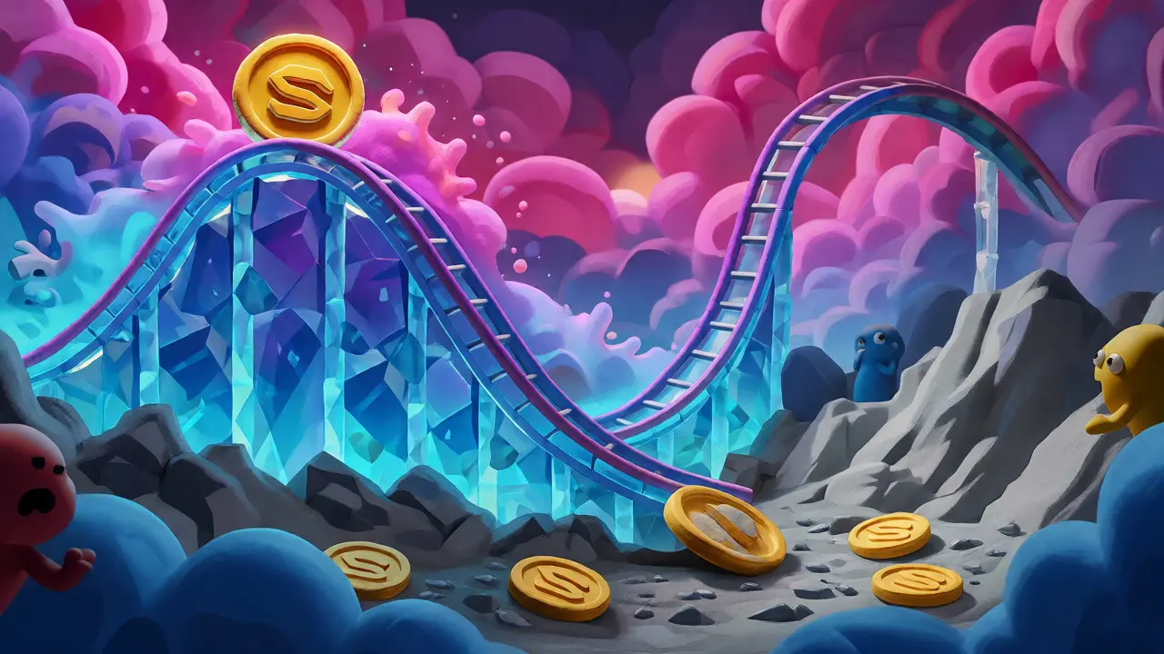 Rollercoaster track showing a coin dropping from a high peak to a low valley.