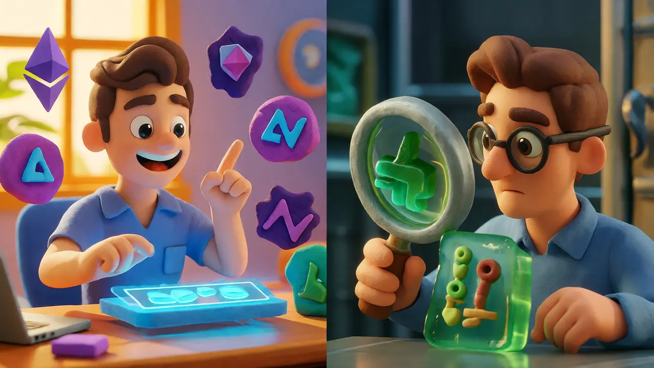 Split-scene clay art showing easy multi-chain trading versus smart contract auditing