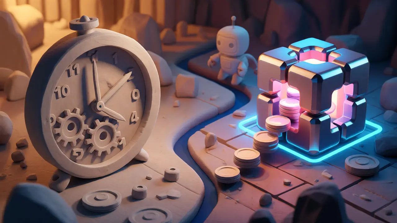 Split scene comparing a traditional clock mechanism with a modern blockchain node releasing tokens.