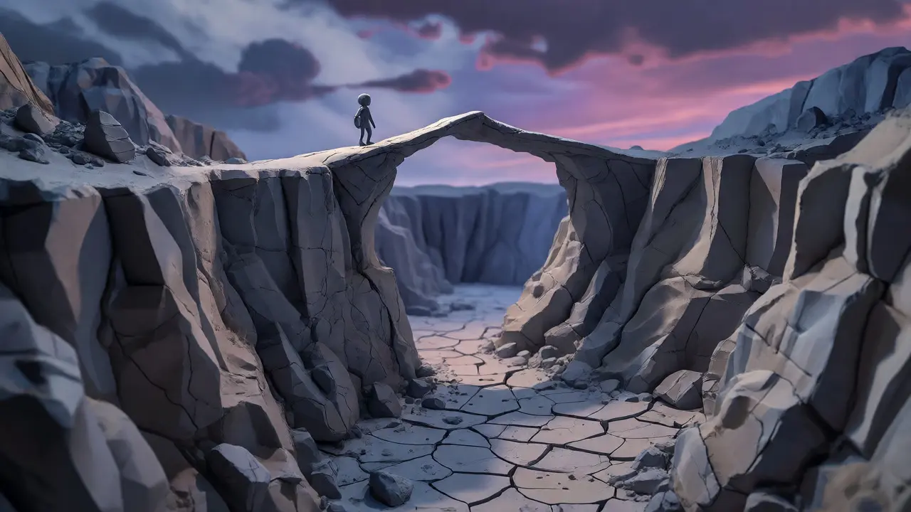 Tiny figure facing a broken clay bridge over a canyon