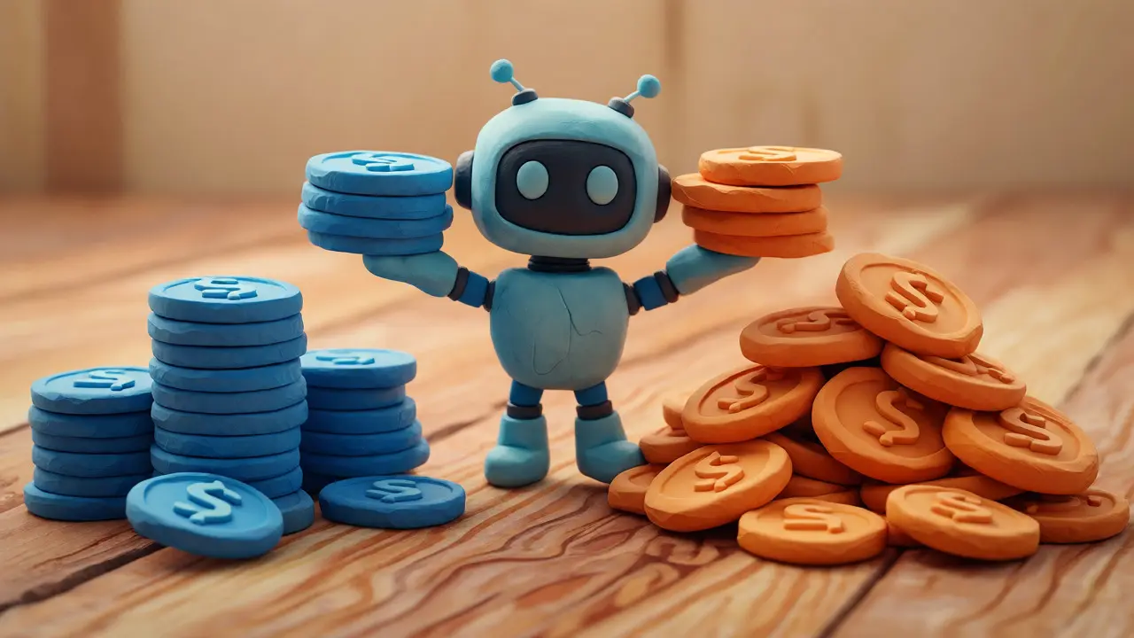Two piles of clay coins balanced by a robot